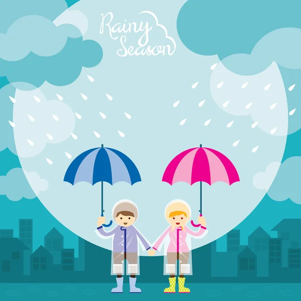 Boy and Girl with Umbrella Rainy Season - Stok Vektor