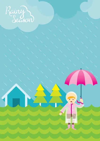 Chica con paraguas en la temporada de lluvias de campo — Vector de stock