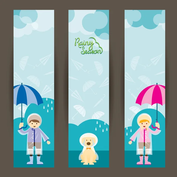 Boy Girl and Dog  Rainy Season Backdrop — Stock Vector