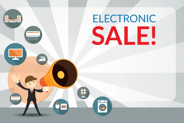 Podnikatel s megafon oznámením elektronická prodej — Stockový vektor