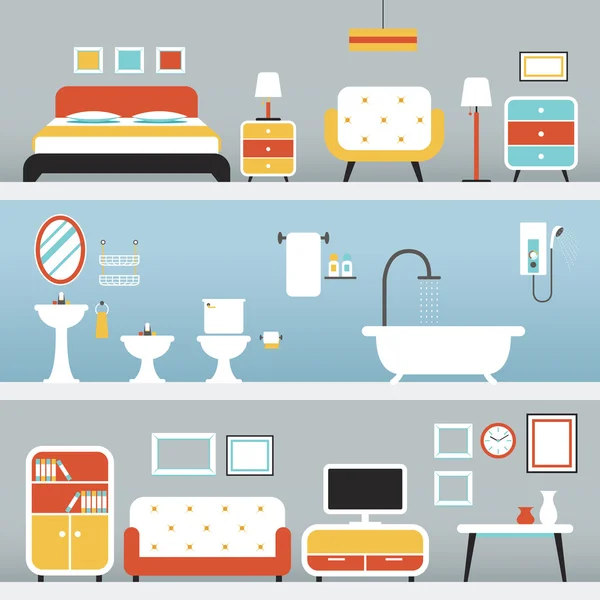 Muebles en el dormitorio, Cuarto de baño, Sala de estar — Vector de stock