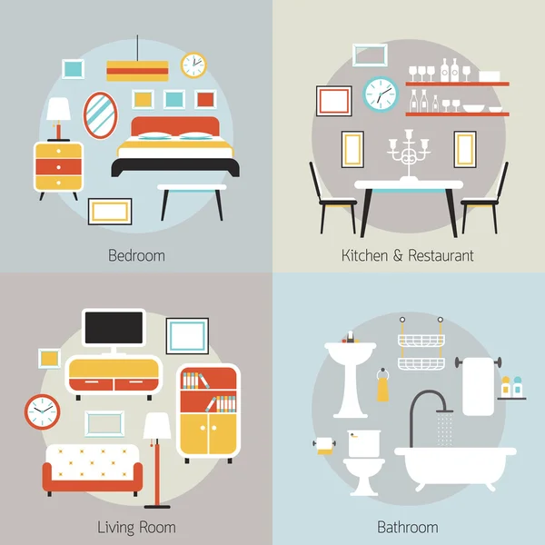 Meubles dans la chambre à coucher, Restaurant, Salle de bains, Salon — Image vectorielle