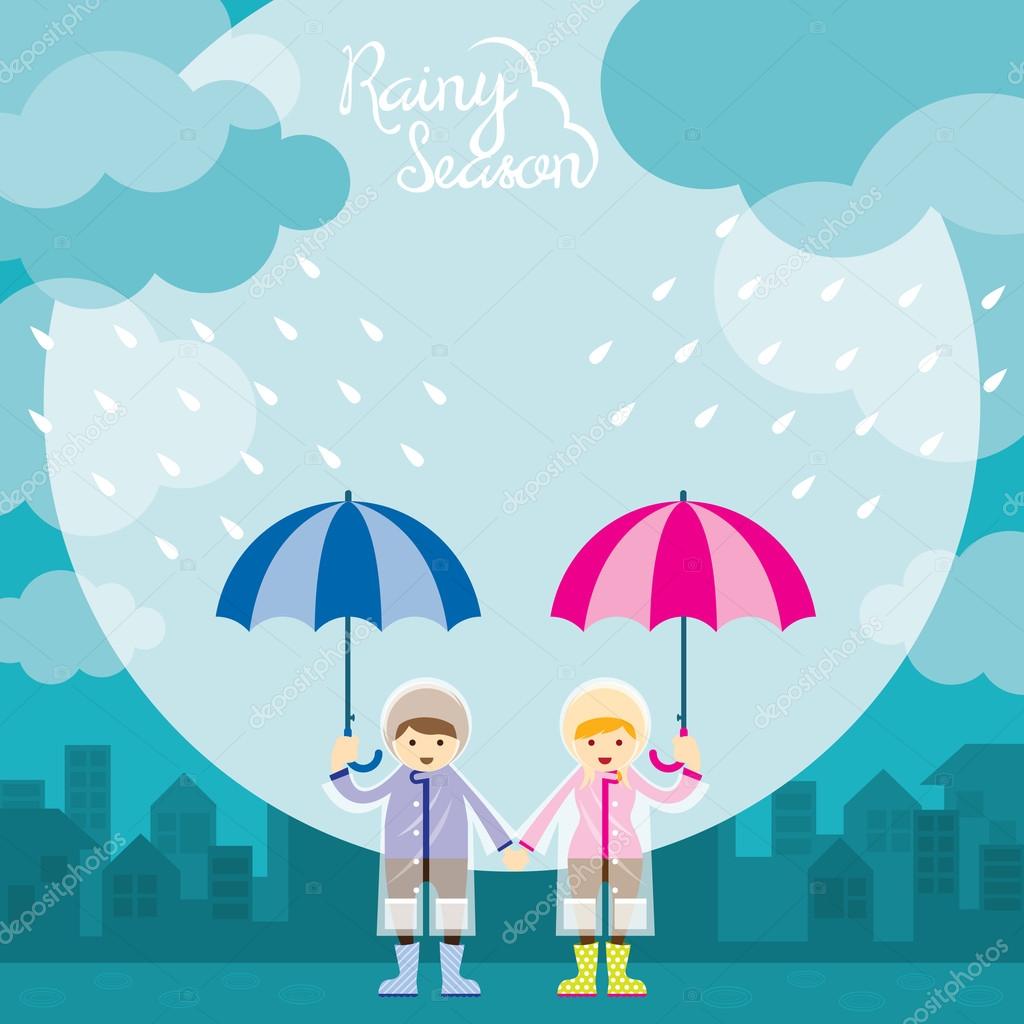 Boy and Girl with Umbrella Rainy Season