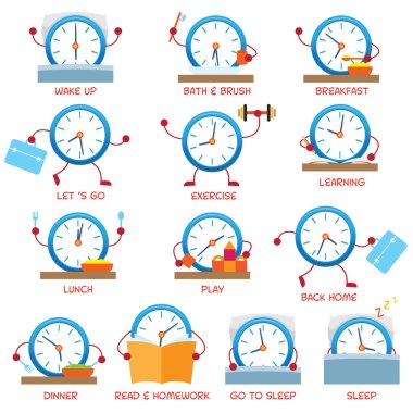 Clock Character Daily Routine, timetable clipart