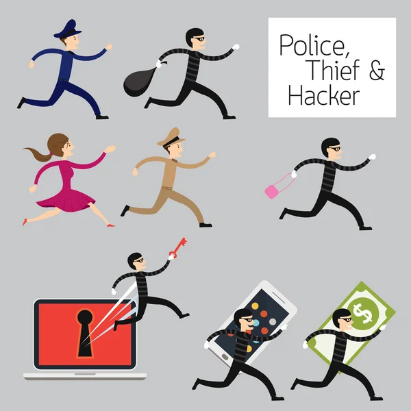 Police run to catch a Thief, Hacker — 图库矢量图片