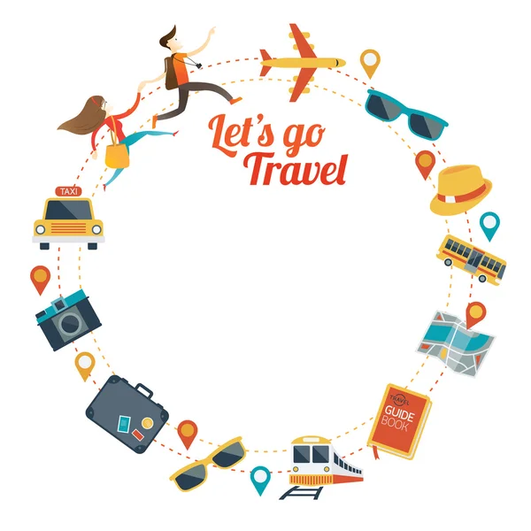 Couple run with Travel Objects Icons Round Frame — Stock vektor