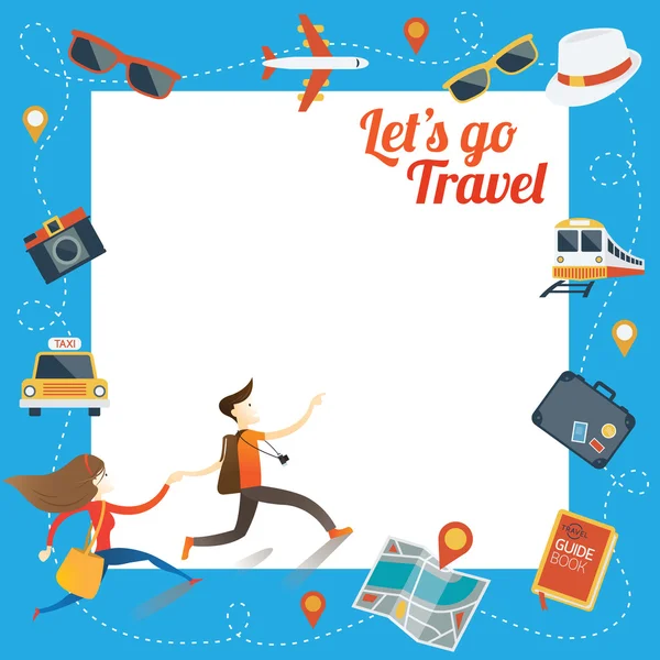 Couple run with Travel Objects Icons Frame — Wektor stockowy