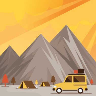 Dört tekerlekli sürücü yol araba ve Camp Mountain arka plan ile kapalı