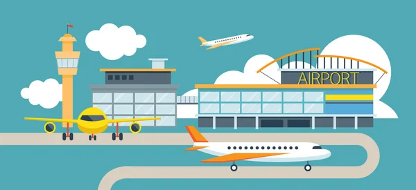 Vliegtuig en de luchthaven platte ontwerp illustratie pictogrammen objecten — Stockvector