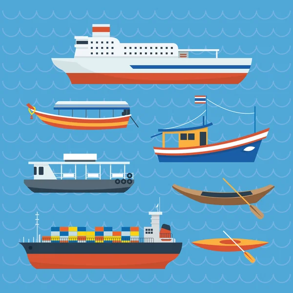 不同种类的船舶，船，渡轮 — 图库矢量图片