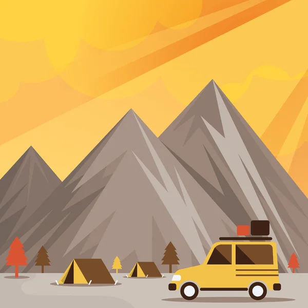 Four Wheel Drive Off Road Car e Camp com fundo de montanha —  Vetores de Stock