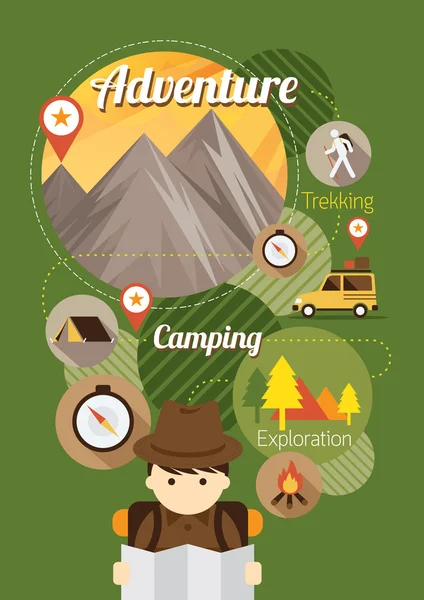 Penjelajah dengan Ilustrasi Ikon Camping Latar Belakang - Stok Vektor