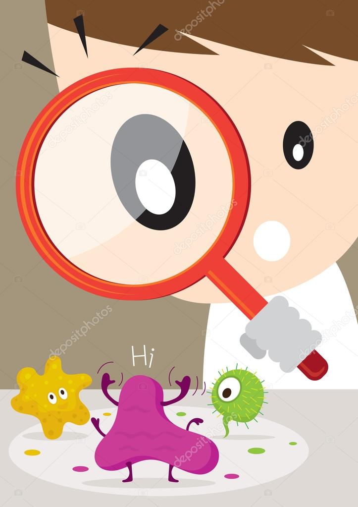Doctor or Man use Magnifying Glass look through find Germ