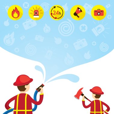 Firefighter carry Hose Flushing Water with Icons and Background clipart