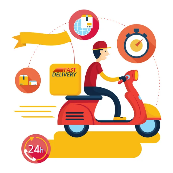 Delivery Boy Ride Scooter motorfiets Service met pictogrammen — Stockvector