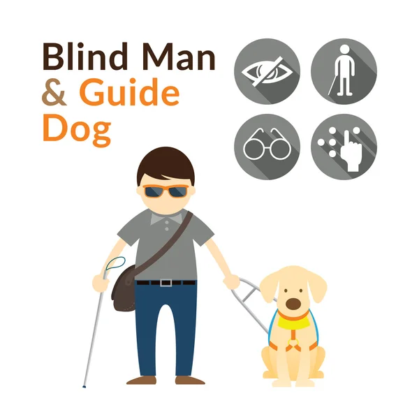 Blinder Mann mit Blindenhund, sehender Hund — Stockvektor