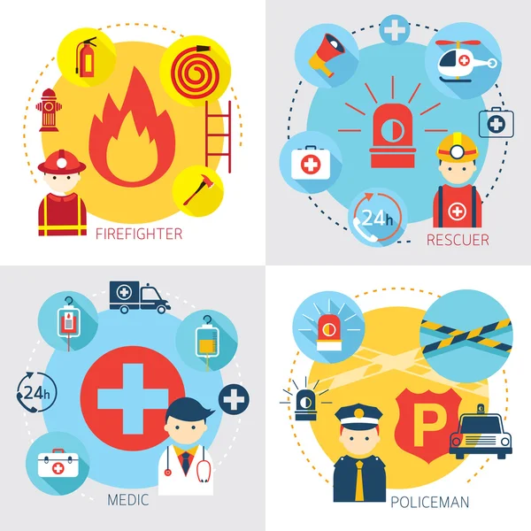 Pohotovost, hasič, záchranář, lékař, policista — Stockový vektor