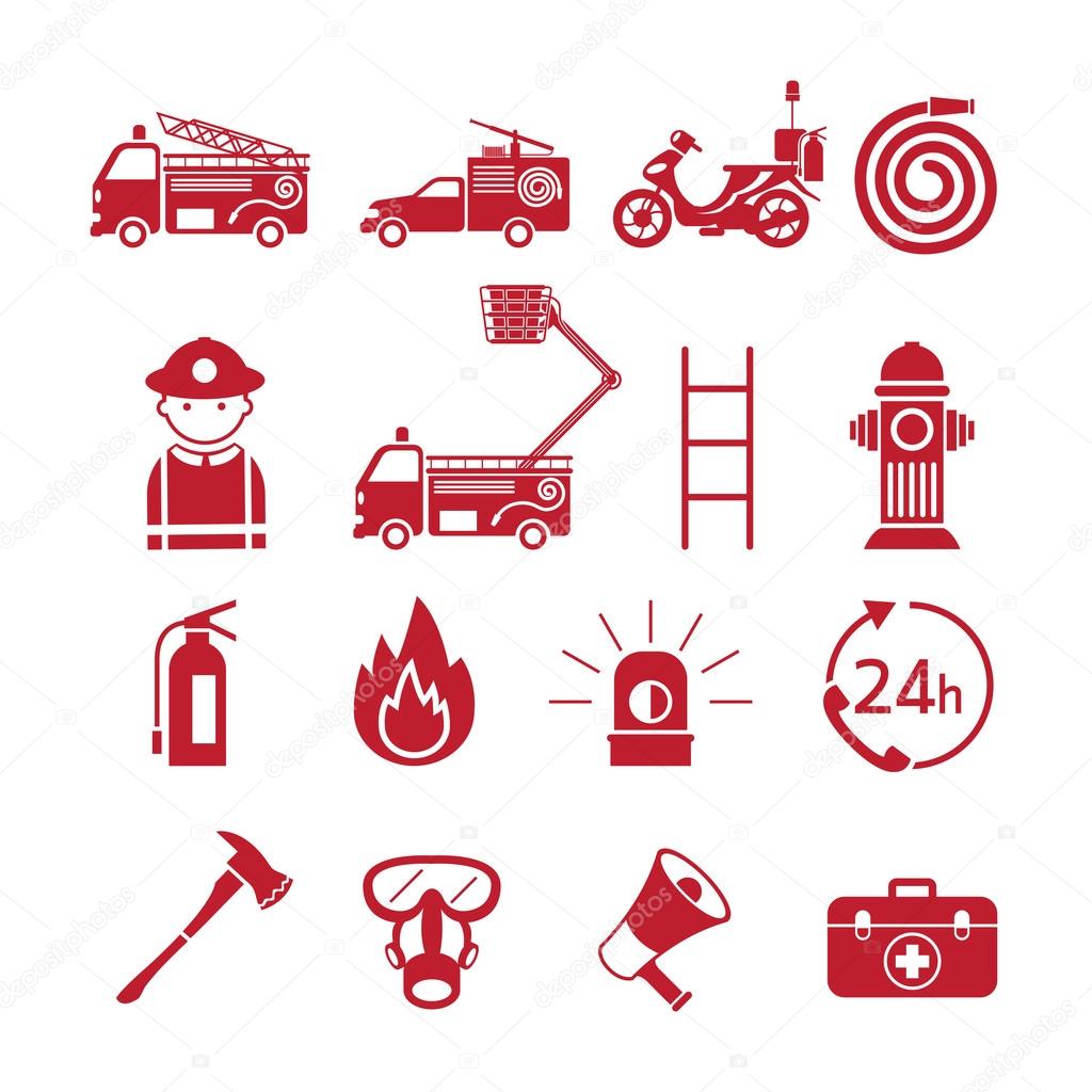 Fire and Firefighter Monochrome Icons Set