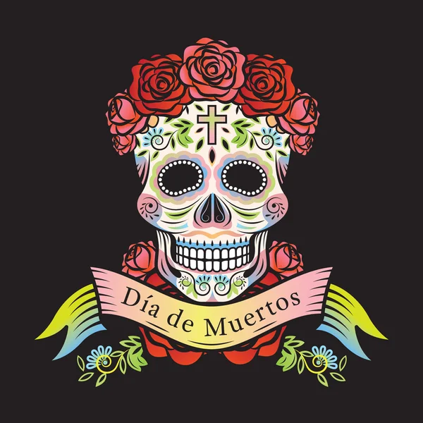 Día de la Calavera Muerta con Rosas y Etiqueta — Vector de stock