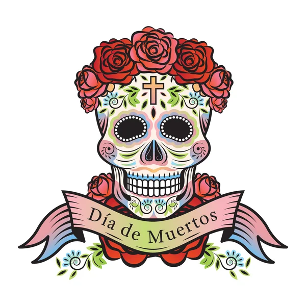Dia do Crânio Morto com Rosas e Etiqueta — Vetor de Stock