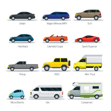 Car Type and Model Objects icons Set clipart