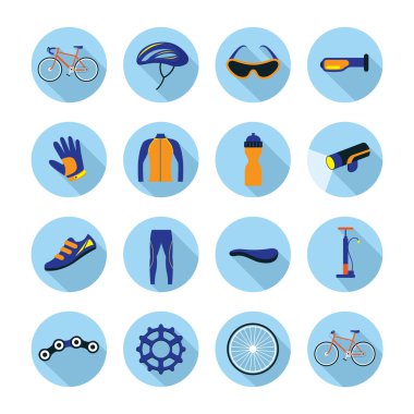 Bisiklet nesneleri ve ekipman düz Icons Set