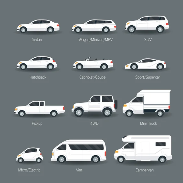 Tipo de coche y Conjunto de iconos de objetos modelo — Vector de stock