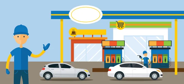 Autos en gasolinera e ilustración del asistente de servicio — Vector de stock