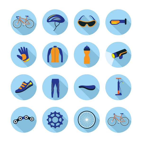 Bicicleta objetos e equipamentos conjunto de ícones planos — Vetor de Stock