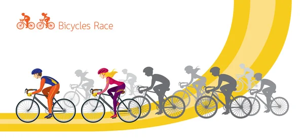 Carrera de bicicletas, hombres y mujeres montando bicicletas de carretera — Vector de stock