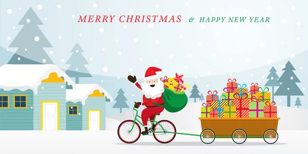 Santa Claus fietsen Fietsen met geschenkdozen in winkelwagen Stockvector