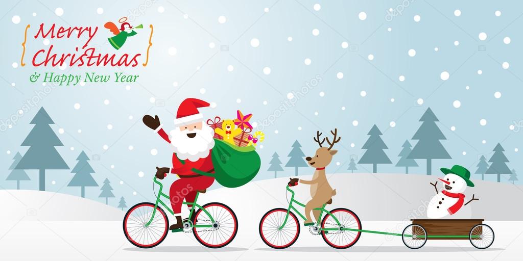 Santa Claus, Reindeer, Snowman Cycling Bicycles