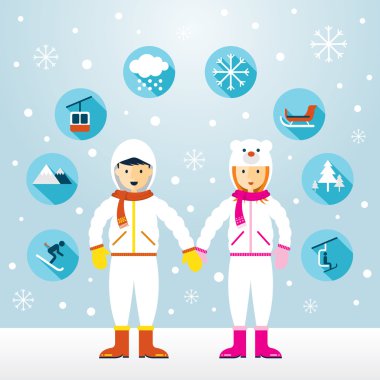 Erkek ve kadın Snowsuit Icons Set ile