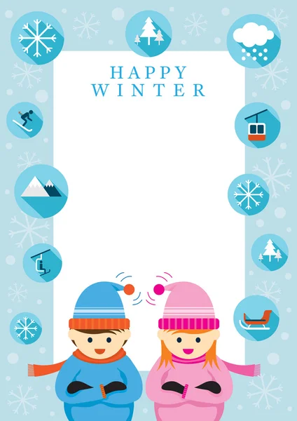 Boy and Girl in Winter Season, Frame — Stock Vector
