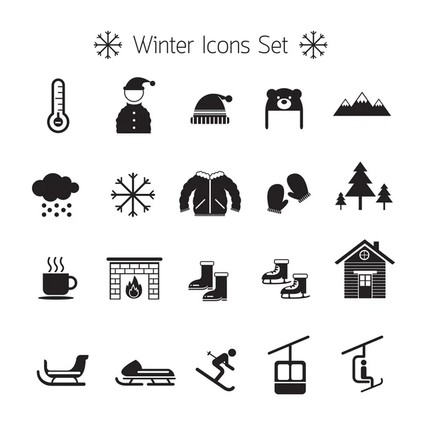 Set de iconos de invierno, silueta, blanco y negro — Vector de stock