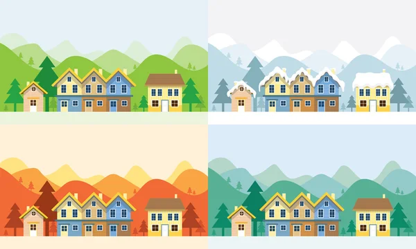 Maisons en quatre saisons avec fond de montagne — Image vectorielle