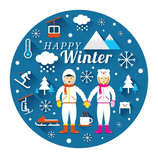 Couple en costume de neige avec étiquette d'icônes d'hiver — Image vectorielle