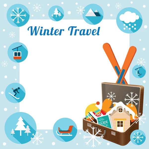Resväska med vintern ikoner, ram — Stock vektor