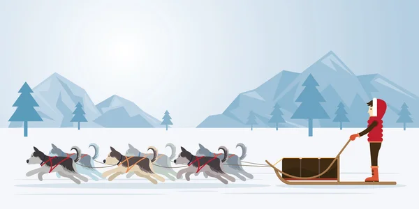 People with Arctic Dogs Sledding, Panorama Background — Stock Vector