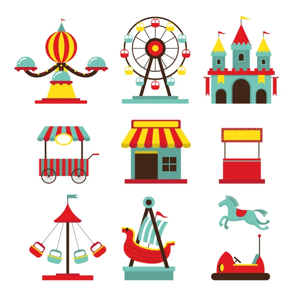 Juegos de iconos planos de objetos del parque de atracciones — Vector de stock