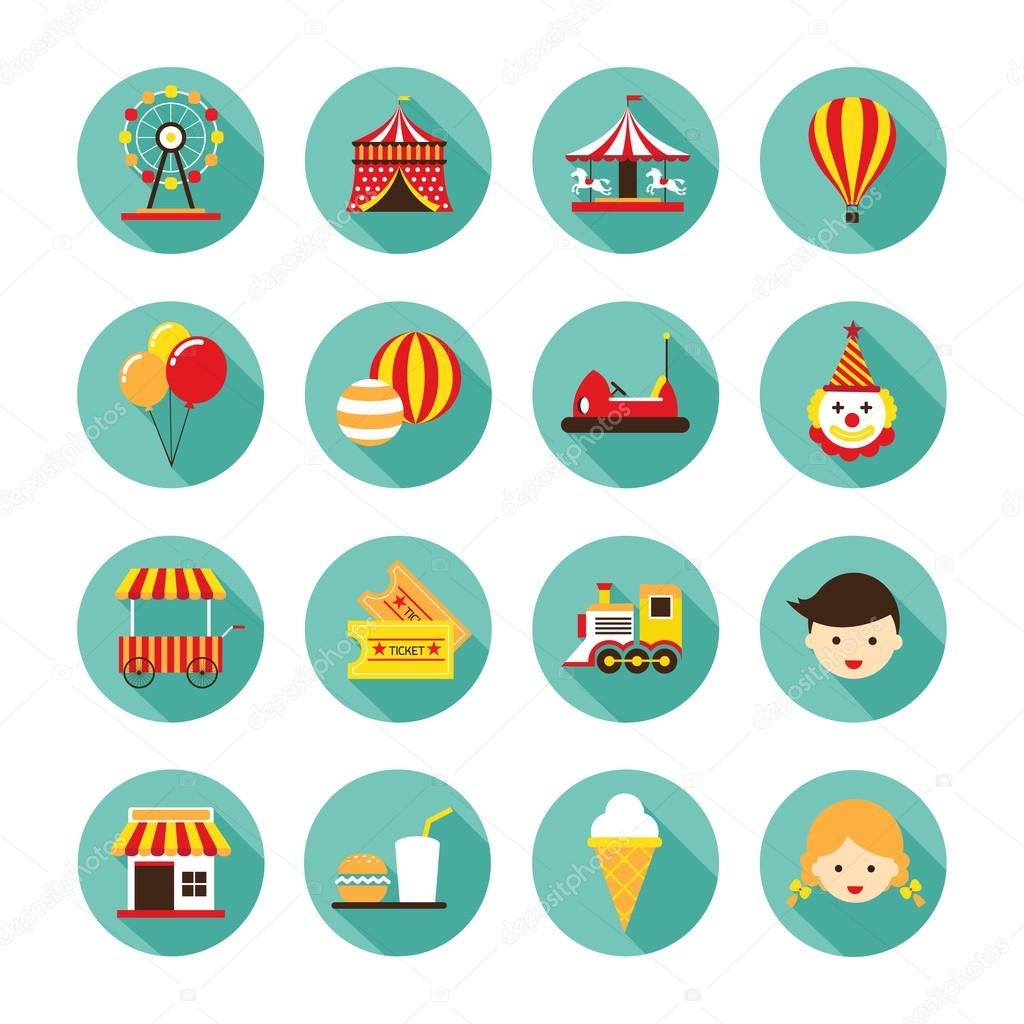 Amusement Park Flat Icons Set