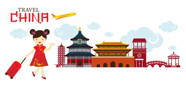 Çince kız seyahat Çin şehir — Stok Vektör