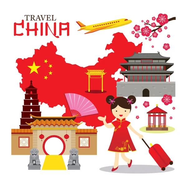 中国女孩旅行中国 — 图库矢量图片