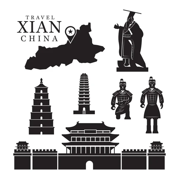 Xian, Çin, Mono kümesi nesneleri seyahat — Stok Vektör
