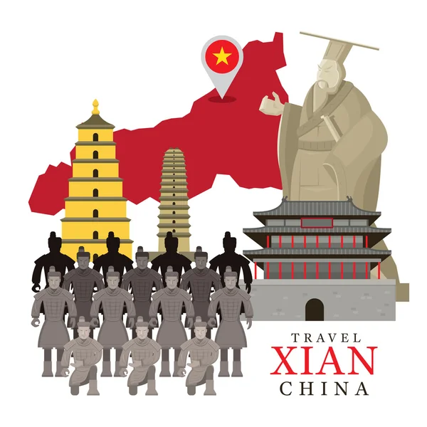 Viagem Xian, China, Objetos Mono Set — Vetor de Stock