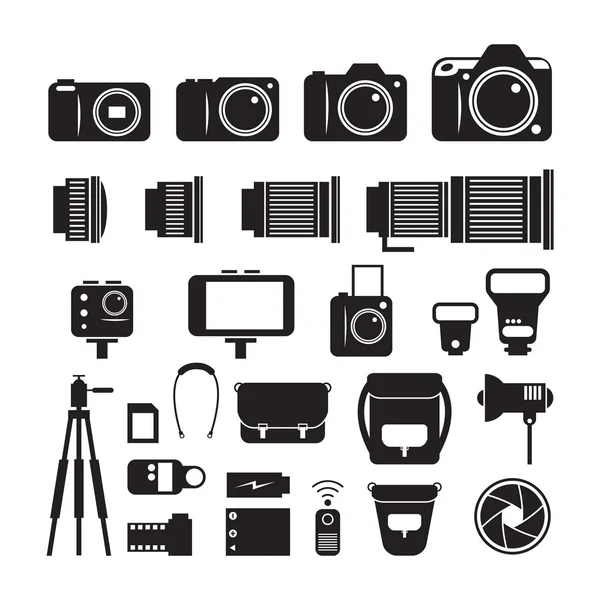 Fényképezőgép, fotográfia Mono ikonok beállítása — Stock Vector