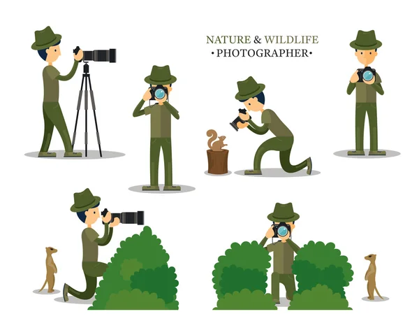 Természet és vadvilág Fényképész-val fényképezőgép akció készlet — Stock Vector