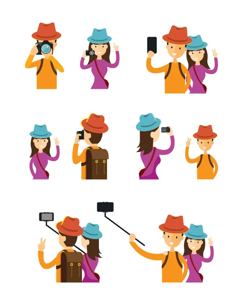 Pareja Tomando fotos en acción Juego de caracteres — Vector de stock