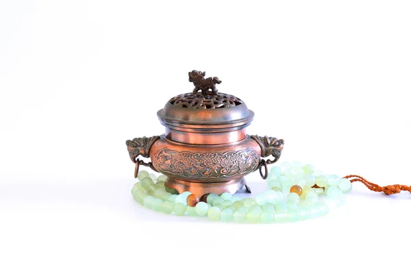 Incense Burner and Buddha Beads on White Background — Stock Photo, Image