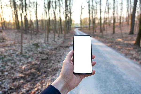 Orman arka planında beyaz ekranlı bir cep telefonu.